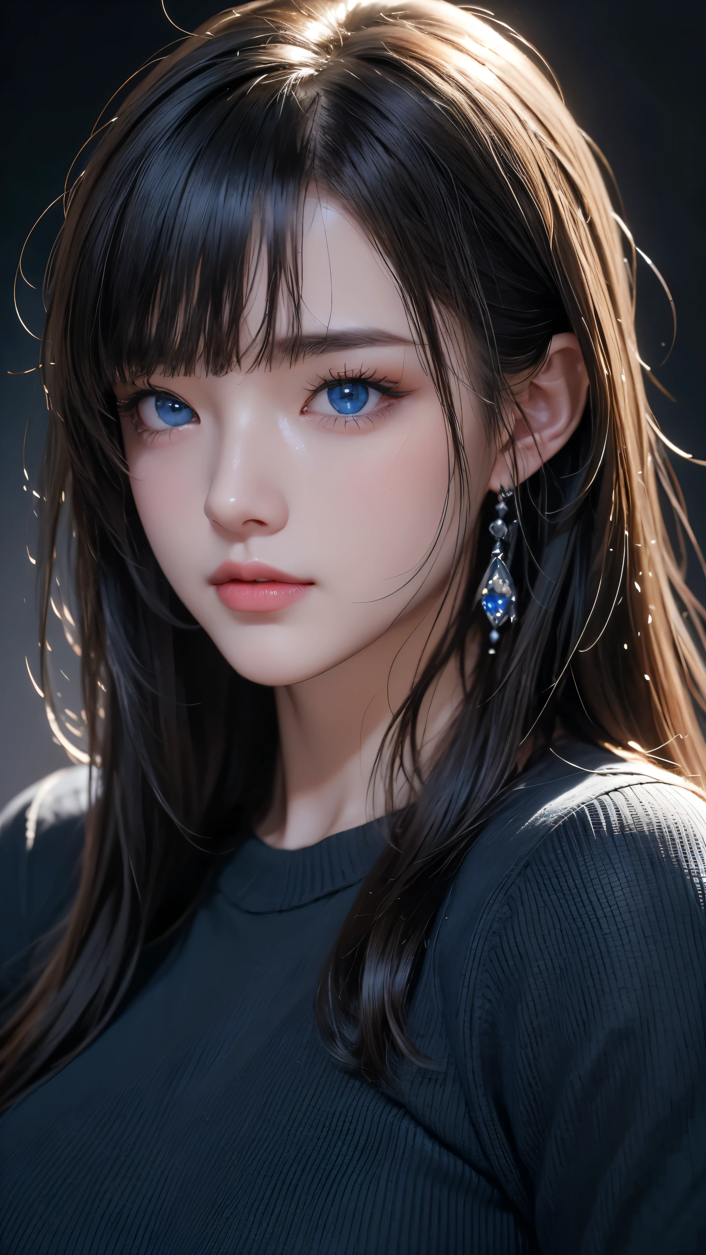 masterpiece, Highest quality, Very detailed, To the camera, Very detailed, Realistic, Sharp features, Very detailed, Sharp focus, Perfect Face, Perfect Face, Perfect symmetry and perfect eyes, Perfect Plump Lips, Flexible female form, cinematic, Film Light, Very detailedな, hyper Realistic, masterpiece, Atmospheric, High resolution, Vibrant, Dynamic Studio Lighting, ((Dark Background)), The facial expression when feeling happy, Straight bangs, Blue eyes,Black sweater, Cowboy Shot, Big Breasts,