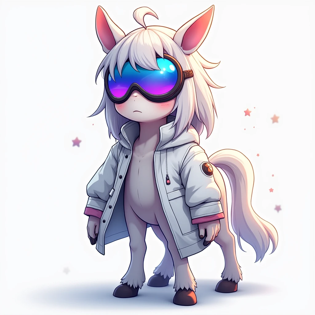 masterpiece, Best image quality, Extremely vivid, an anime Centaur, 娇small身材, White functional coat, small, Blue-purple gradient ski goggles, Cyberpunk, White hair, Natural casual style, Dynamic posture, Golden Section, Cool colors, Strong visual impact, White space, Light and shadow contrast, Super texture, Sunset afterglow, Ultra-clear pictures, Simple pictures