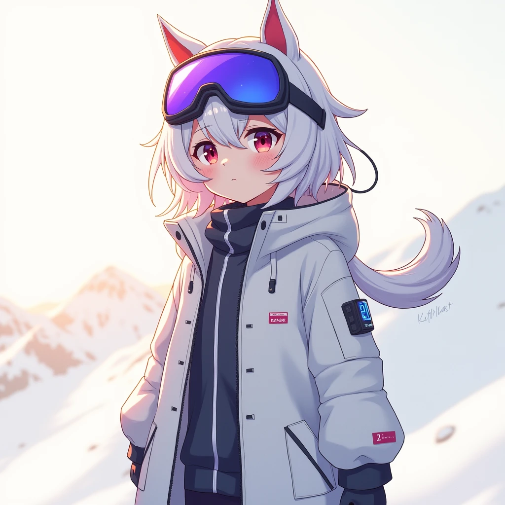 masterpiece, Best image quality, Extremely vivid,  an anime Centaur, 娇small身材, White functional coat, small, Blue-purple gradient ski goggles, Cyberpunk, White hair, Natural casual style, Dynamic posture, Golden Section, Cool colors, Strong visual impact, White space, Light and shadow contrast, Super texture, Sunset afterglow, Ultra-clear pictures, Simple pictures