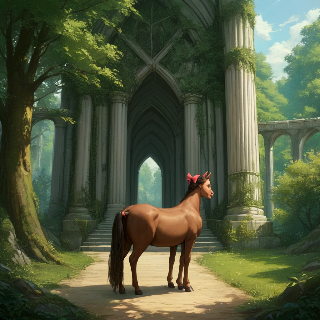 score_9, score_8_up, score_7_up, source_anime, absurdres, centaur holding bow, arch, forest,