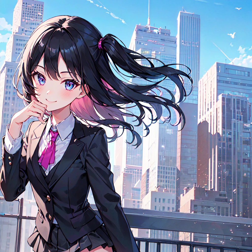 masterpiece, best quality, high quality, extremely detailed, very delicate and beautiful, (1 female 1 solo:1.5), (two side up long black hair:1.5), bangs to eyebrows, eyes sharp and bright (eye color magenta:1.3), 6.5 head height, (office lady in black suit and tight mini skirt:1.3), (knee socks), lace, (standing), (dynamic pose), (smiling), (background skyscraper rooftop:1.3), (blue sky:1.3), (upper body:1.3)