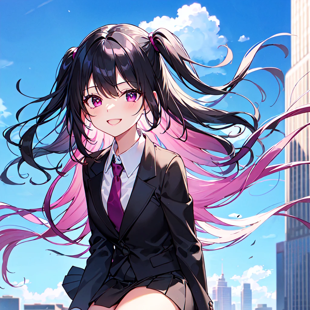masterpiece, best quality, high quality, extremely detailed, very delicate and beautiful, (1 female 1 solo:1.5), (two side up long black hair:1.5), bangs to eyebrows, eyes sharp and bright (eye color magenta:1.3), 6.5 head height, (office lady in black suit and tight mini skirt:1.3), (knee socks), lace, (standing), (dynamic pose), (smiling), (background skyscraper rooftop:1.3), (blue sky:1.3), (upper body:1.3)