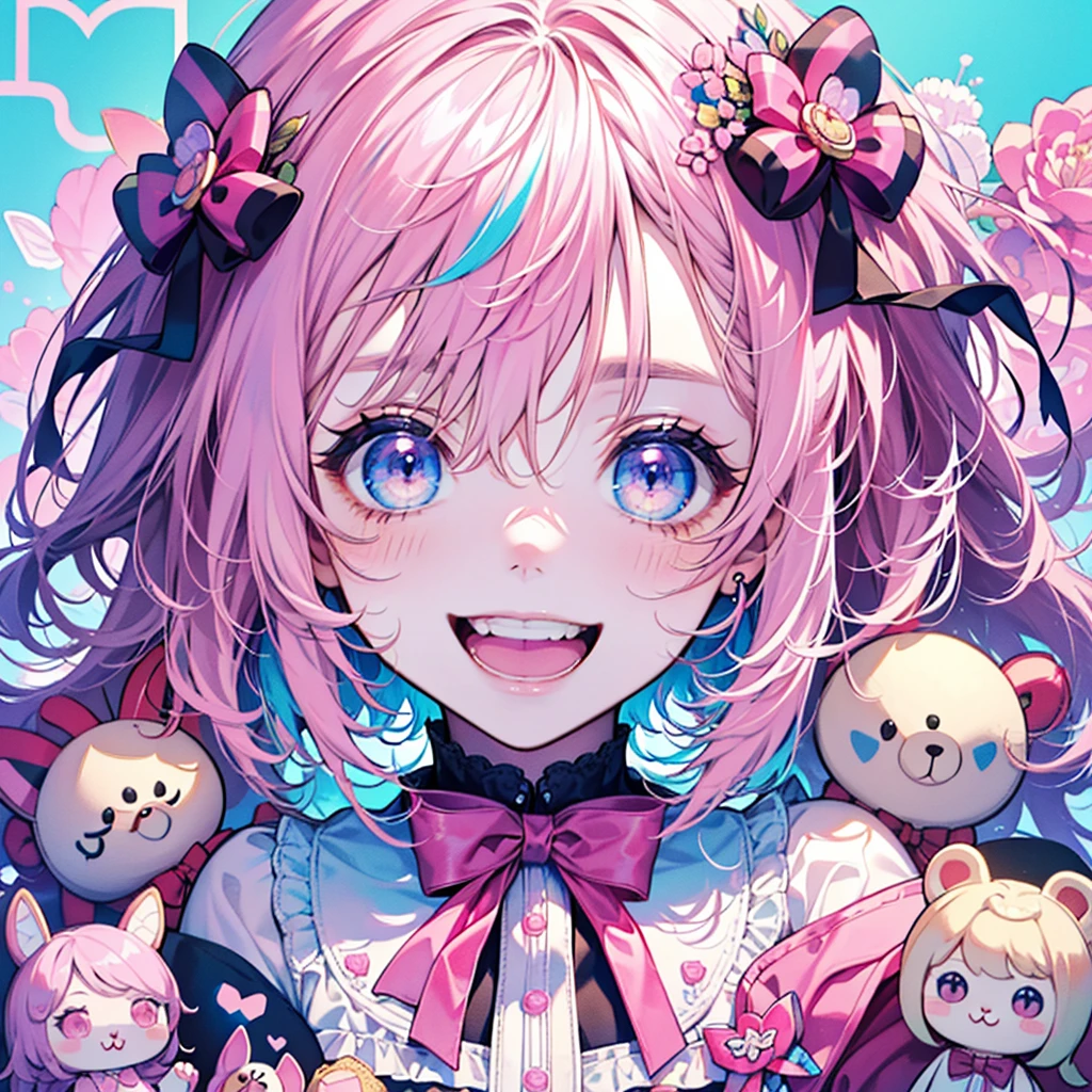 chibi character,Rabbit motif,(brush),((cute,kawaii,wonderland)),((pastel color)),((Cute assortment)),(A big smile with an open mouth),((Cute stuffed toys and dolls:1.3)),Shiny strawberrycolor hair,(pastel pink),((Angel:1.2)),(ribbon🎀:1.25).