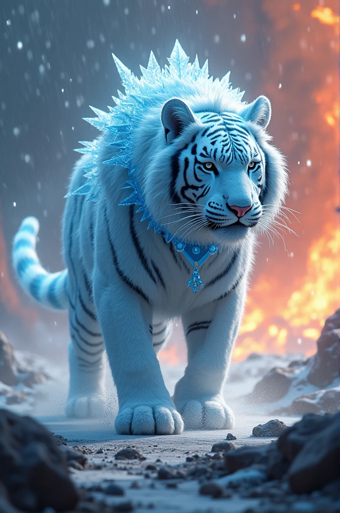A ice elemental tiger wearing a brave suit is spreading its territory, the Heavenly Fire Domain is consuming the earth.