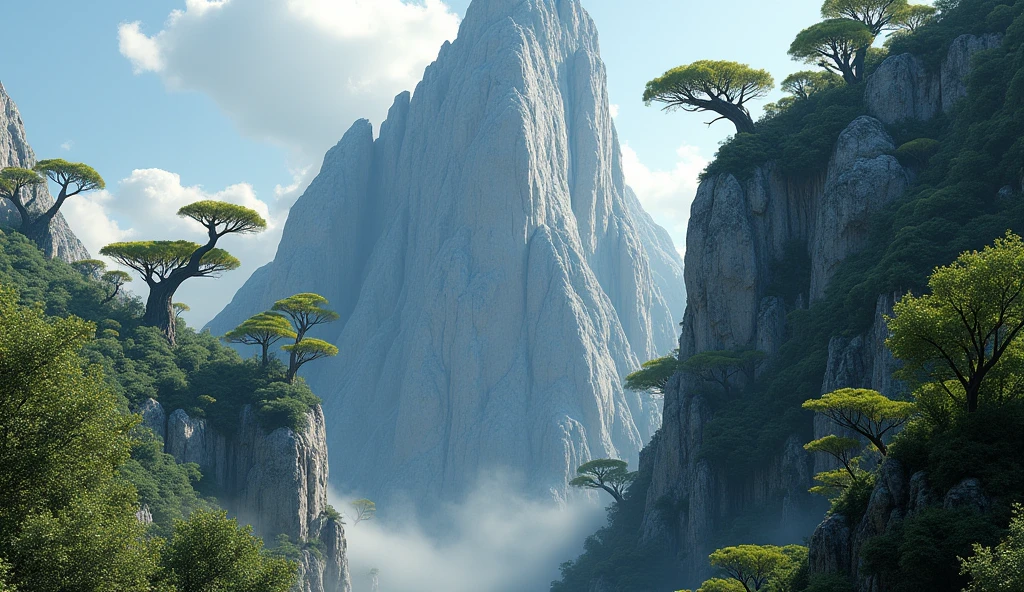 There is a mountain that is too steep to climb,There are many strange-shaped trees on the cliff.(best quality,4K,8k,High level,masterpiece:1.2),Ultra Detailed,(lifelike,Photo real,Photo real:1.37)
