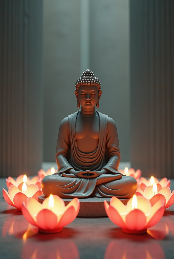 The Buddha is sitting in meditation with lotus candles in front of him, the atmosphere is solemn and pure