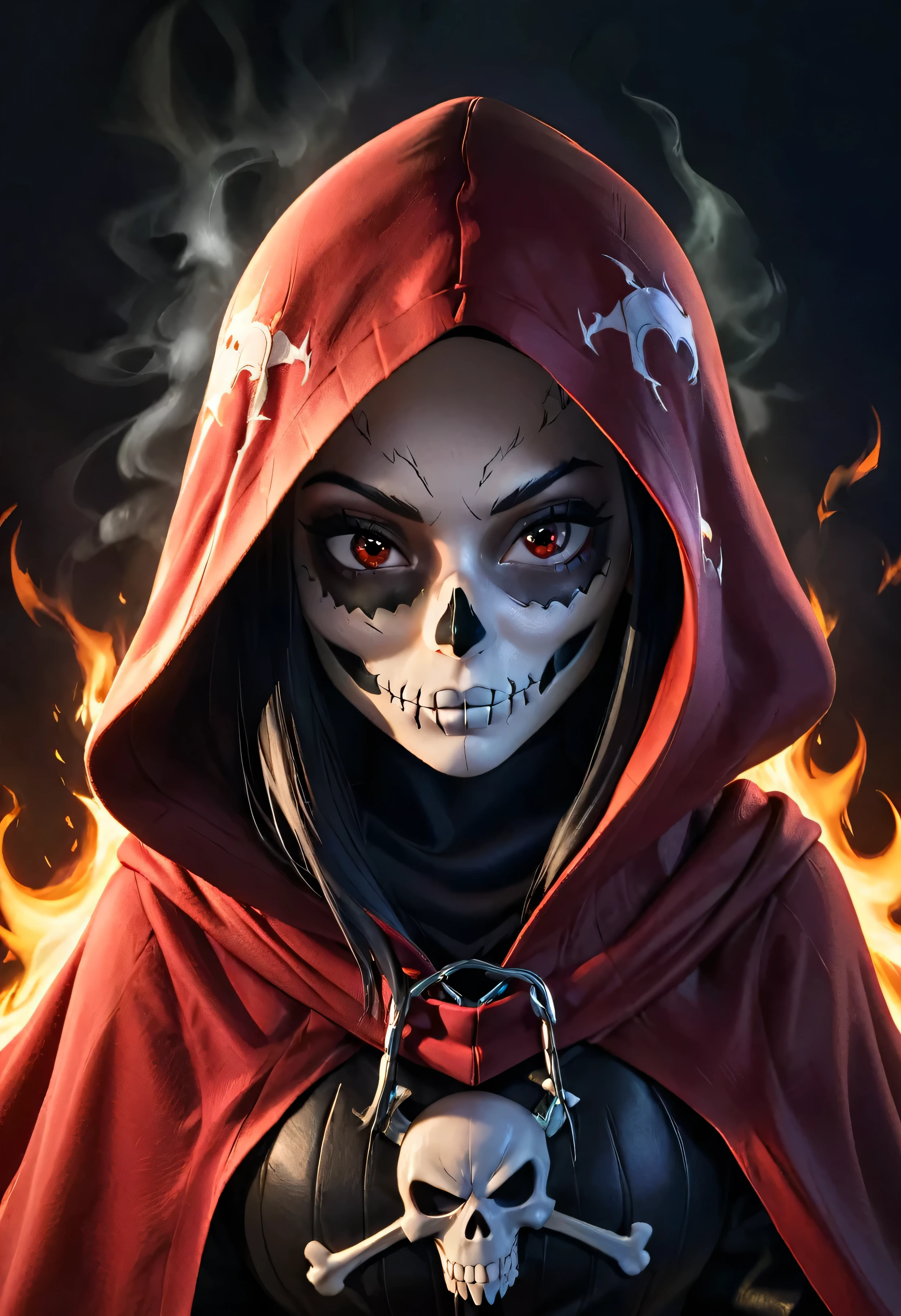 (highres:1.2), woman,wearing a black flag as a cloak,hooded face with intense mystery,skull designs etched all over her exposed skin,revealing only half of her face,subtle lighting creates a low-key atmosphere,dark eyes with a reddish reflection,adding to the enigmatic aura, ghost rider aura.