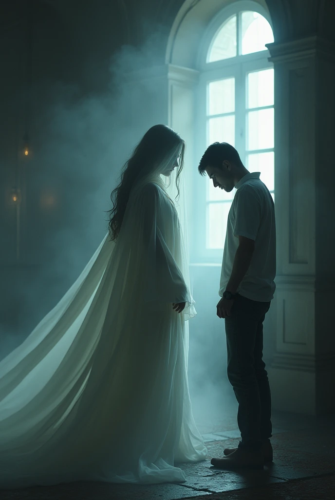 a woman dressed in of mist stands in front of a man who has his head down, faint light comes into the room through the window