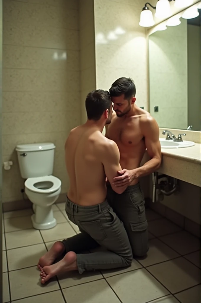 In the bathroom there was a man kneeling down, taking off another man's pants and sucking his cock.