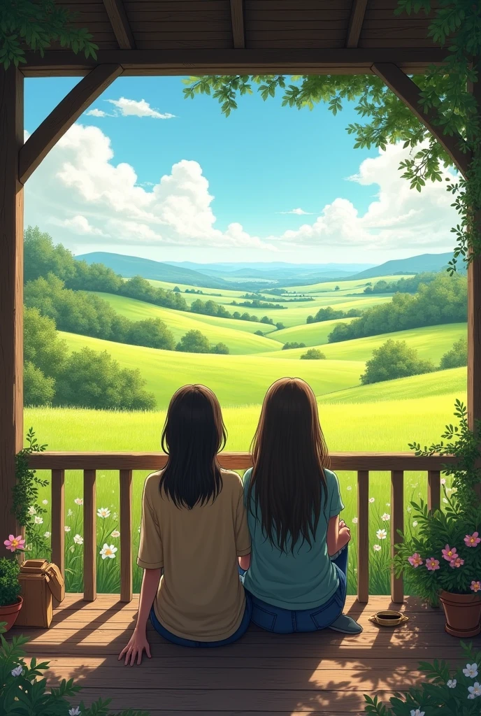 An image of two friends sitting on a porch facing a beautiful landscape of meadows