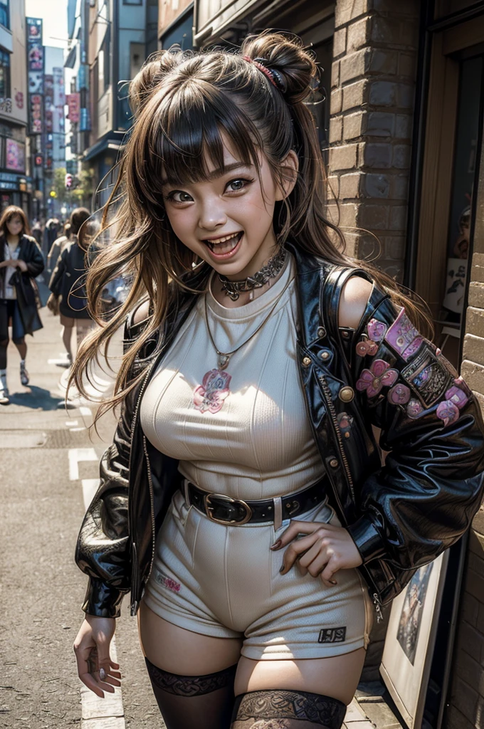 ((His works have won numerous awards., With incredible details, Texture and maximum detail,(realistic))), ((Photos, describing the streets of Harajuku,woman,wear:Harajuku style clothing,(Confident laughter), ((I'm standing in front of a motorcycle)), (((Motorcycle Harley Davidson))),(((the right motorcycle:1.7))),(((Correct ratio of people and vehicles:1.6))),bold colors and patterns, attractive accessories, Stylish and innovative hairstyles,basic moments:1.6,)),Teenage girl,girl,Rebellious girl,((Slim sexy girl)),(Cute little breasts), (Full body image:1.2), (Real leather texture of the best quality), ((Five Perfect and Beautiful Fingers)), (Anatomically correct limbs and physique:1.5), (Anatomically correct perspective and occlusion.:1.5),(The feminine characteristics are very obvious:1.5),(Beautiful, round and symmetrical eyes), (The Right Faces), ((detailed face:1.6)), ((Add some scenes:blindfolded,cyberpunk cityscape, Skyscraper, neon lights, LED)), (complex parts:1.1), complex background)), ((bright and vibrant color scheme)),((Dynamic perspective+dynamic combination)),Cyberpunk style,Dressed in Harajuku style clothing(Riel Mecha)Both sexes, city night,((bad way)),