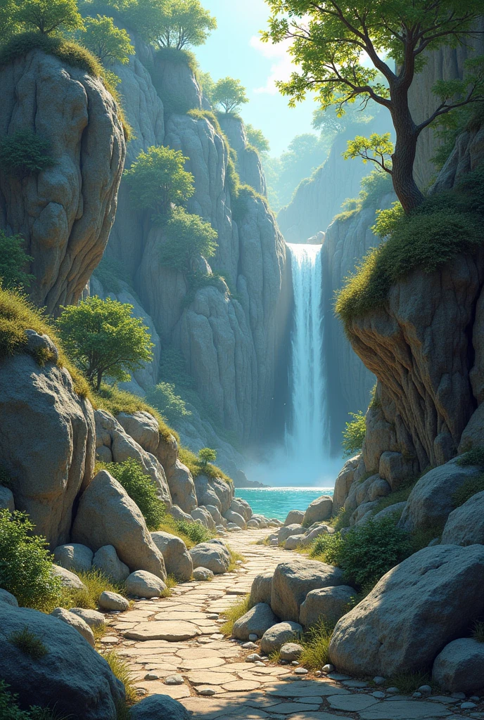 Generate an image of Rock garden concept art, it should have rocks everywhere, trees bushes, waterfall, dreamy and unique blend of colours should be used in this ..more rocks should be there..and also small piece of land path