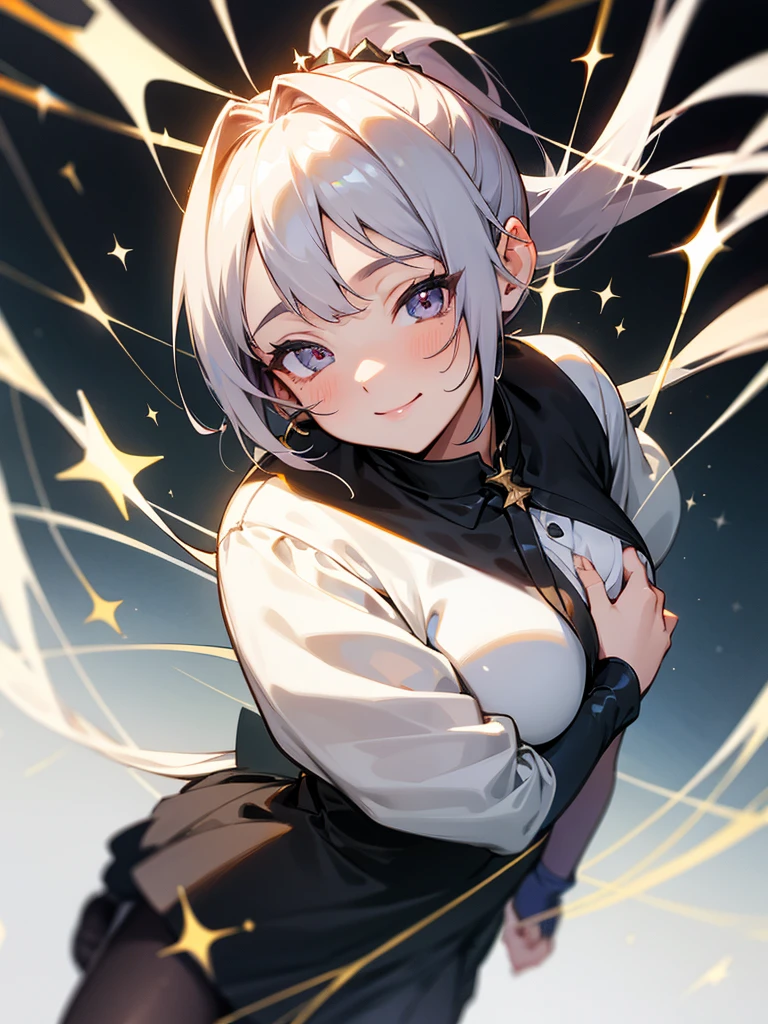 Cute lady in black pantyhose.High resolution, masterpiece, 最high quality, high quality, Ultra high definition, Textured skin, ponytail, smile, Sparkle Effect, Anime Style, whole body, look up,