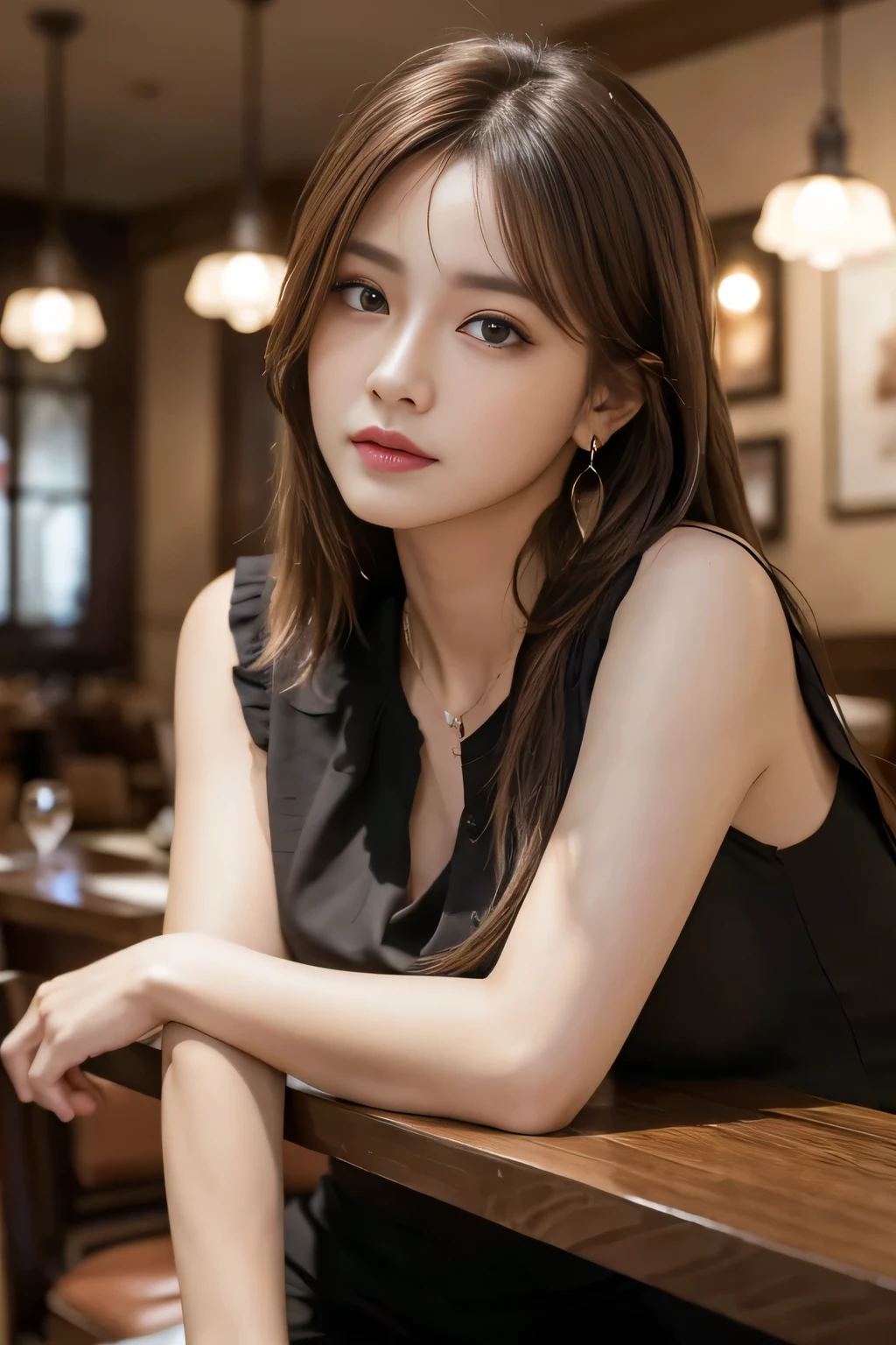 masterpiece, Highest quality, Realistic, Very detailed, Finer details, High resolution, 8k wallpaper, One beautiful woman, Wear a nice blouse, In a great restaurant, At night, Light brown messy hair, Perfect dynamic composition, Beautiful and beautiful eyes、Big earrings、Sit on a chair、Sleeveless shirt、