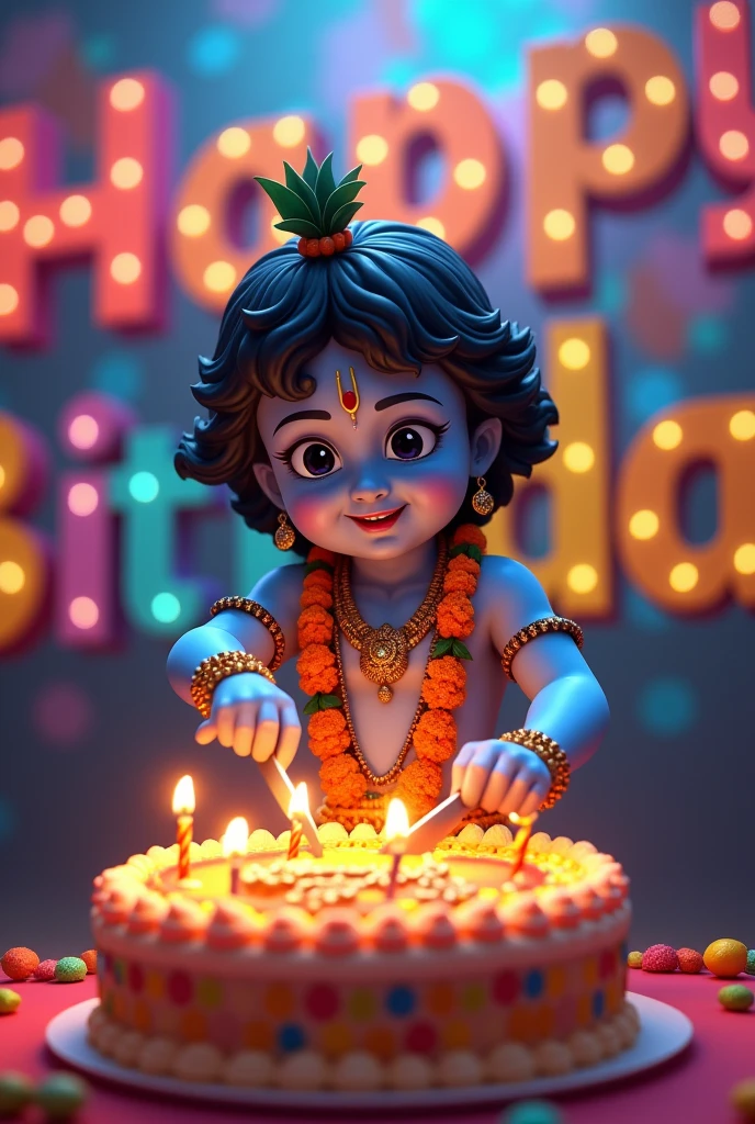
It is the day of Shri Krishna Janmashtami. Happy Birthday Utkarsh is written in big letters. Everything is written in color full letters. Shri Krishna is cutting the cake. Utkarsh is written on the cake.