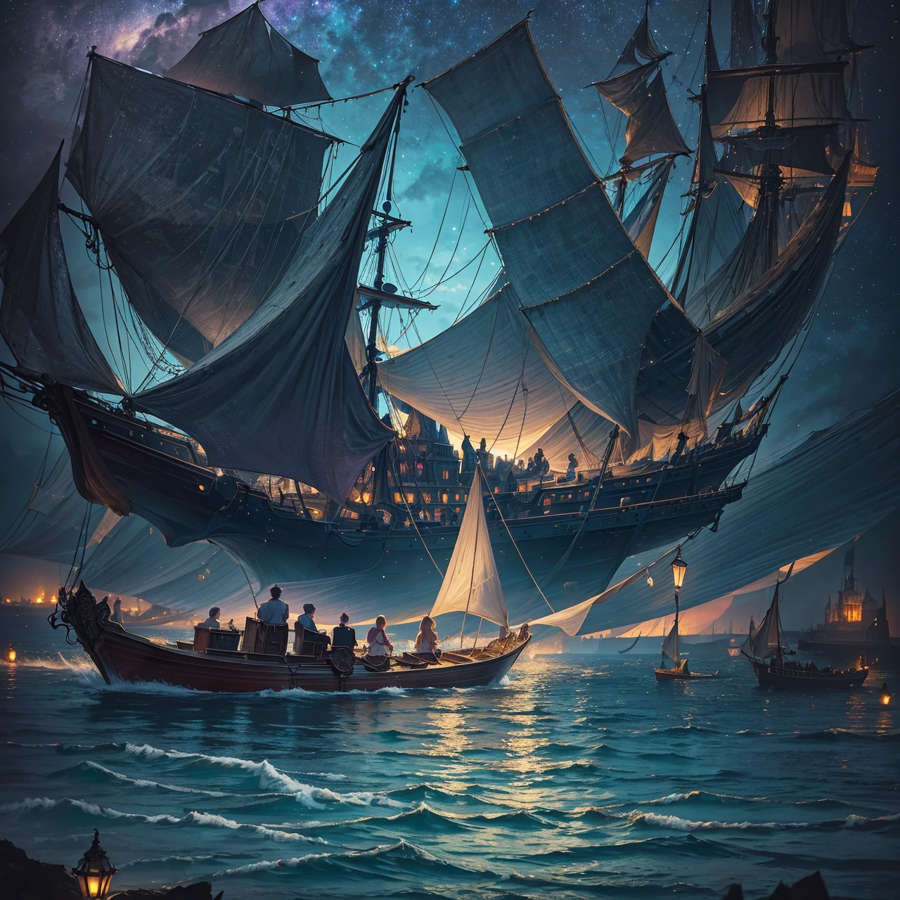 painting of a boat in the water with people on it, a surrealist painting inspired by gaston bussiere, shutterstock, gothic art, moonlit purple sky, moonlit backdrop, mystical night, victorian harbour night, dream scenery art, deep dark purple waters, baroque painting. star lit sky, detailed dreamscape, fantasy victorian art, fantasy. gondola boat