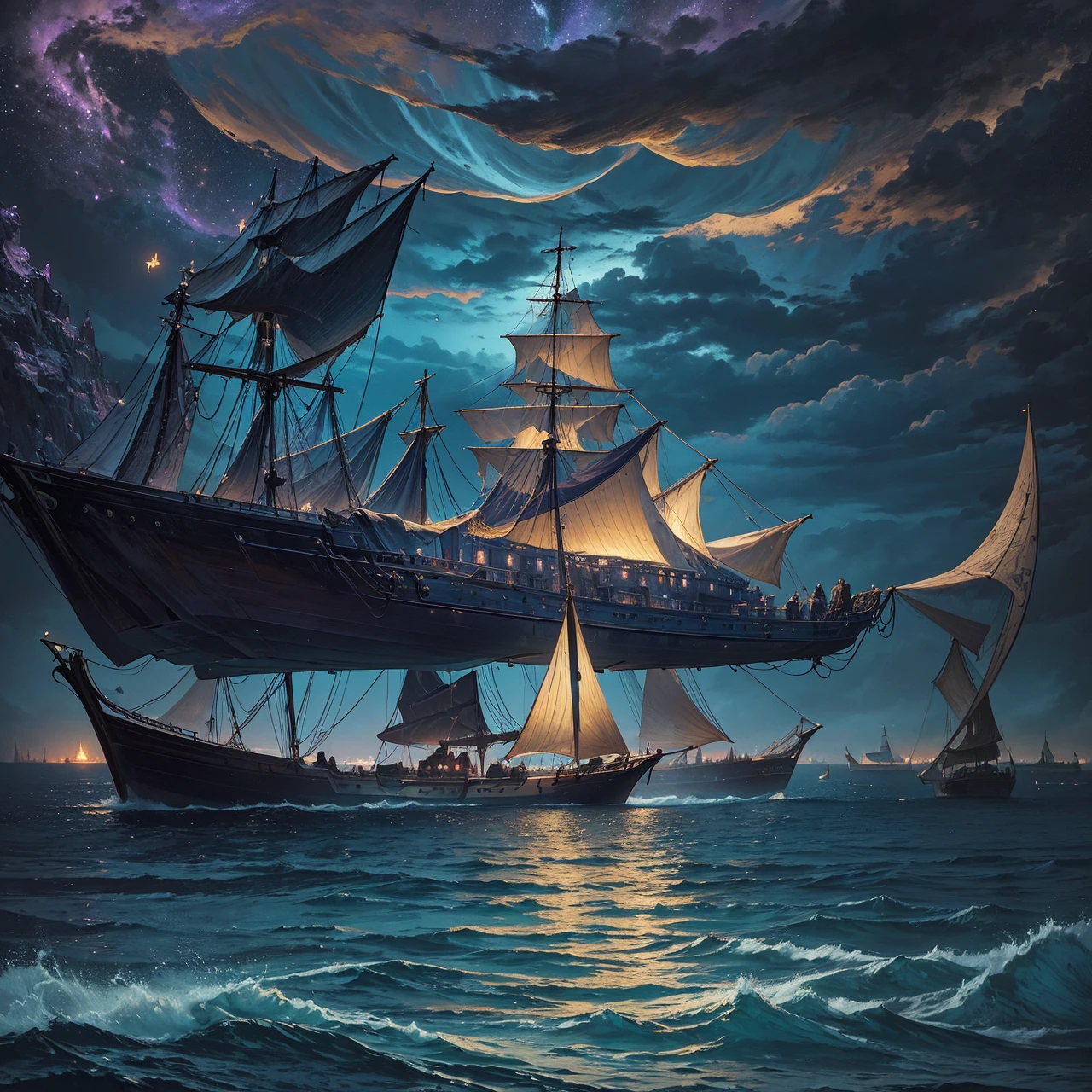 painting of a boat in the water with people on it, a surrealist painting inspired by gaston bussiere, shutterstock, gothic art, moonlit purple sky, moonlit backdrop, mystical night, victorian harbour night, dream scenery art, deep dark purple waters, baroque painting. star lit sky, detailed dreamscape, fantasy victorian art, fantasy. gondola boat