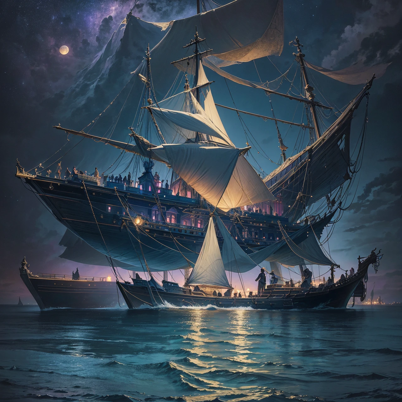 painting of a boat in the water with people on it, a surrealist painting inspired by gaston bussiere, shutterstock, gothic art, moonlit purple sky, moonlit backdrop, mystical night, victorian harbour night, dream scenery art, deep dark purple waters, baroque painting. star lit sky, detailed dreamscape, fantasy victorian art, fantasy. gondola boat