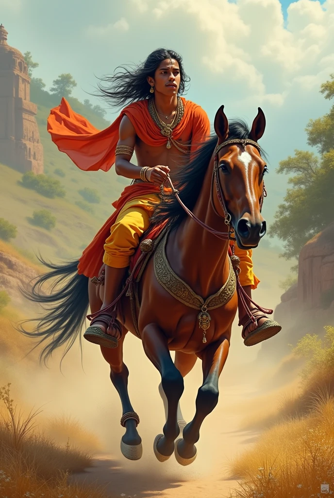 Indian Hindu young man practicing horse ride 500 years ago