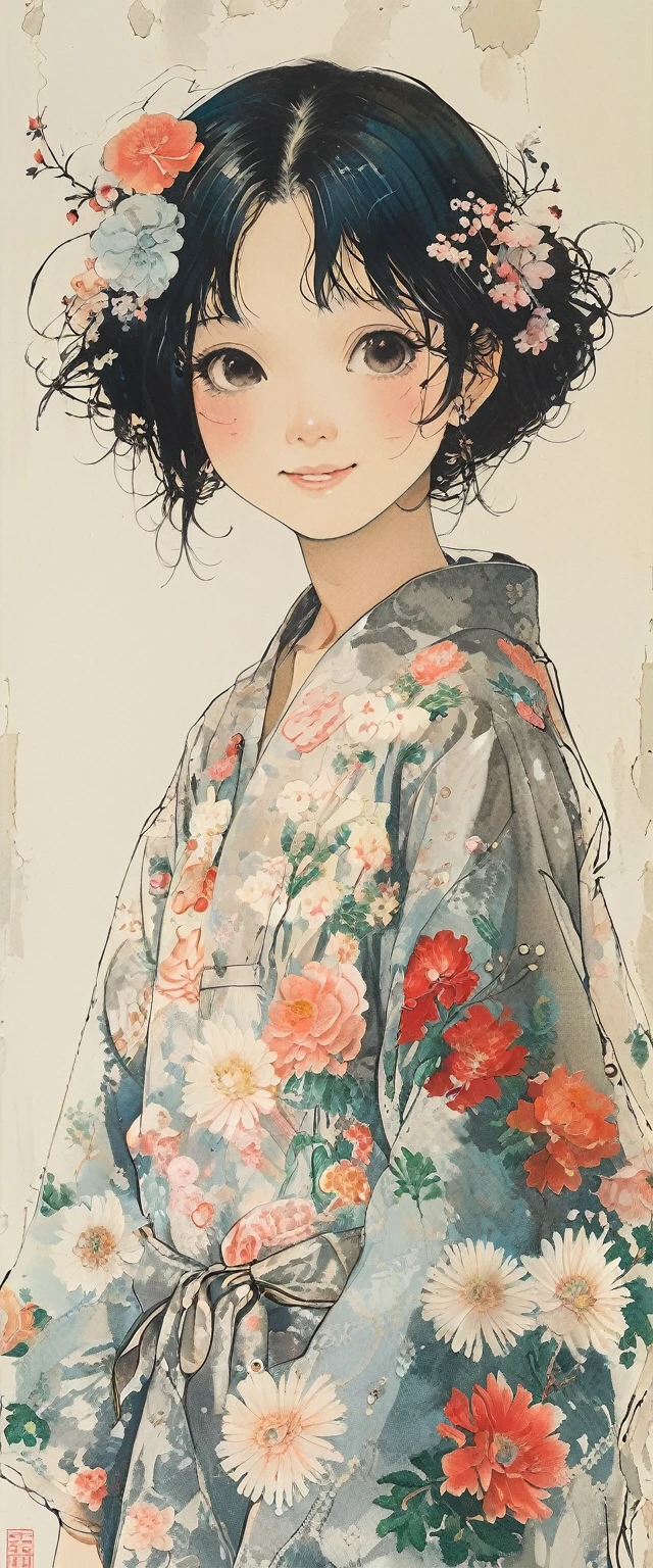 style of Kawanabe Kyosai, Asian、high school girl、Bobcut、Lace dress、Floral Background、smile、Upper Body