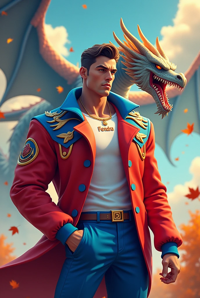 a man3d wear coat red and blue pop up name "fendra"hansome and cool with dragon background fall