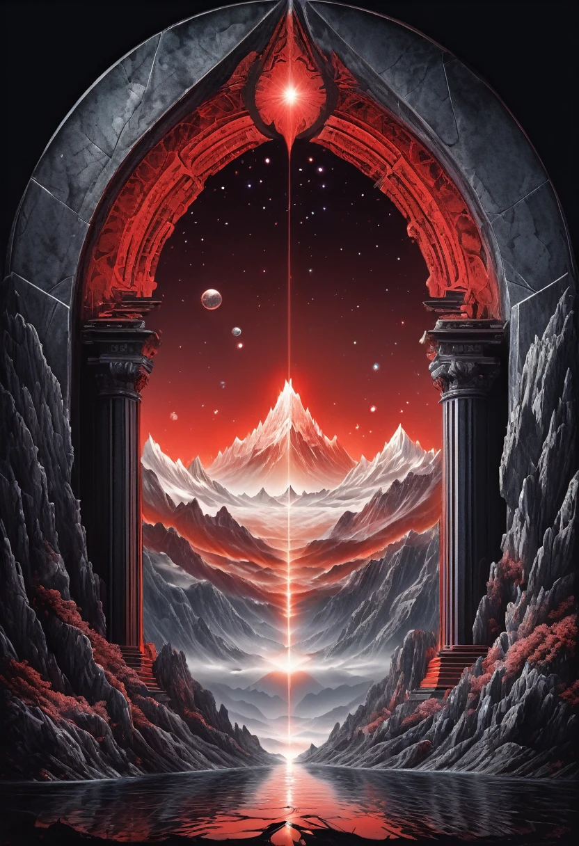 there is a picture of a mountain scene  symmetrical fantasy landscape, world seen only through a portal, portal to another world, portal to the ethereal realm, symmetrical epic fantasy art, magic portal to another world, gateway to another dimension, a portal to the depths, epic dreamlike fantasy landscape, deviantart eka's portal, matte fantasy painting,black background and red details
