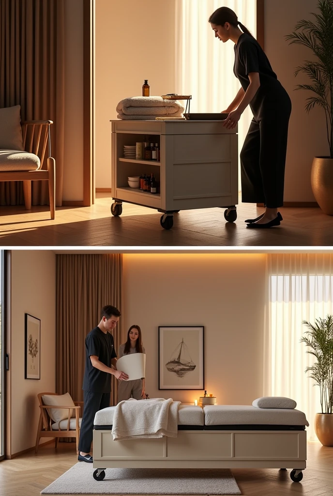 Create an image of a home spa cart that is designed to be disassembled and brought inside a home. The car should look elegant and modern, loaded with spa items like towels, essential oils, candles, and a small water fountain. It shows the car in the entrance of a house with some of the equipment already dismantled and being transported inside.. Includes a view of the room in the house where the spa will be set up, with a massage table and a comfortable chair that are assembled on site. The scene should highlight the process of assembling and disassembling the spa, with a spa professional arranging the space. The lighting should be warm and welcoming, highlighting the transition from the car to a relaxing home environment. The image should convey the comfort and luxury of receiving a complete spa at home with ease..