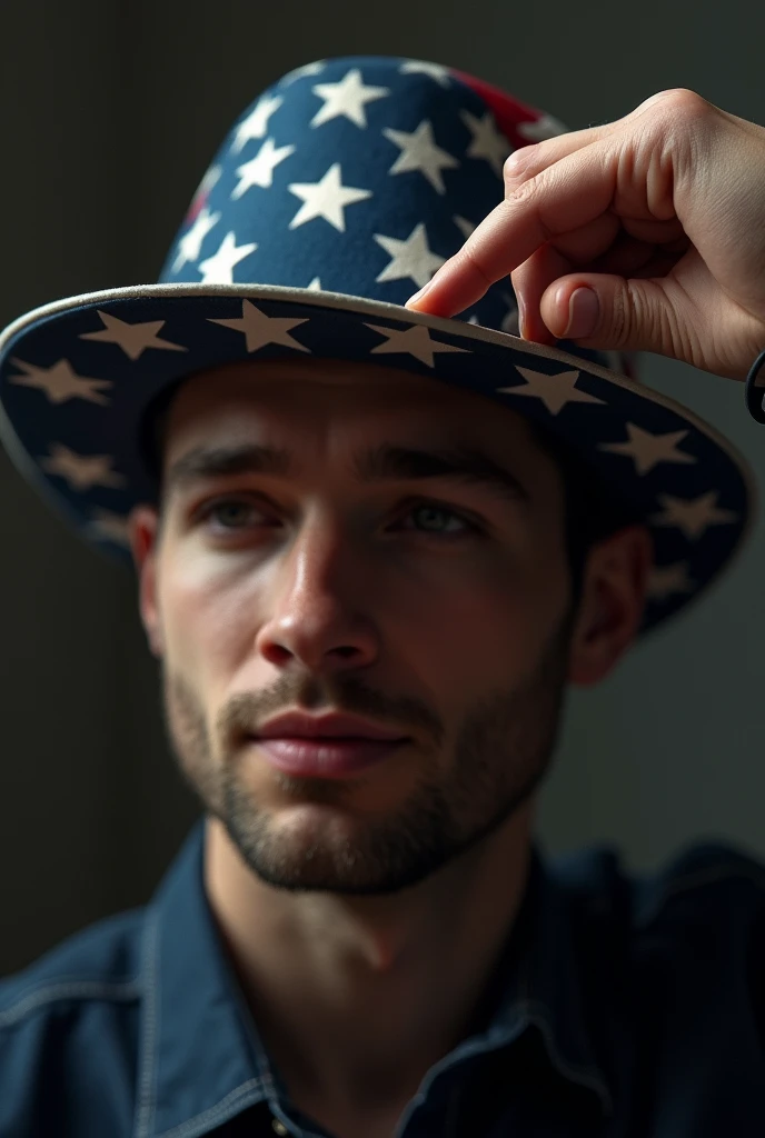 A hand taking the American hat off the head