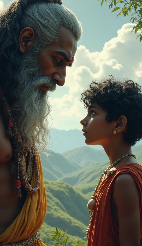 • Close-up of Nachiketa speaking to Yama with conviction. Yama listens attentively, a slight nod of approval on his face. The background is a blend of earthly and celestial elements, symbolizing the intersection of life and death.