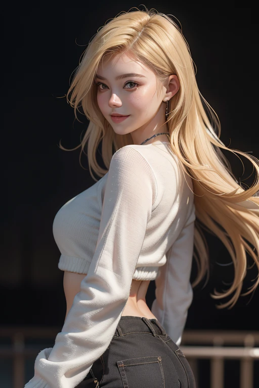 20-year-old woman, blonde, (High Top Fade:1.3), Dark Theme, Calm tone, Calm colors, High Contrast, (Natural skin texture, Hyperrealism, Soft Light, sharp),whole body,fine,Open your arms,Long Hair,Very smiling,Cute clothes,fluffy long sleeve clothes,turn around,The background is mysterious,Flying