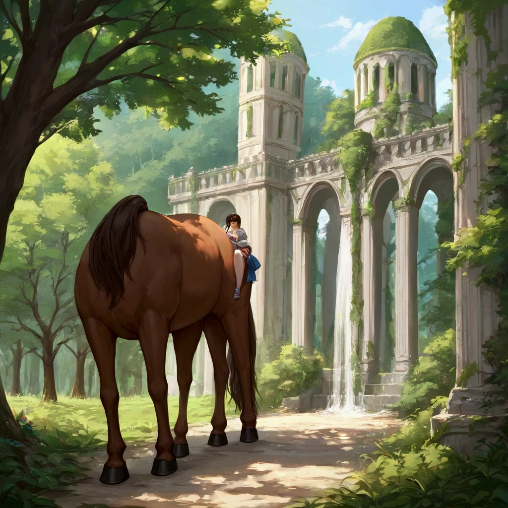 score_9, score_8_up, score_7_up, source_anime, absurdres, centaur holding bow, arch, forest, 