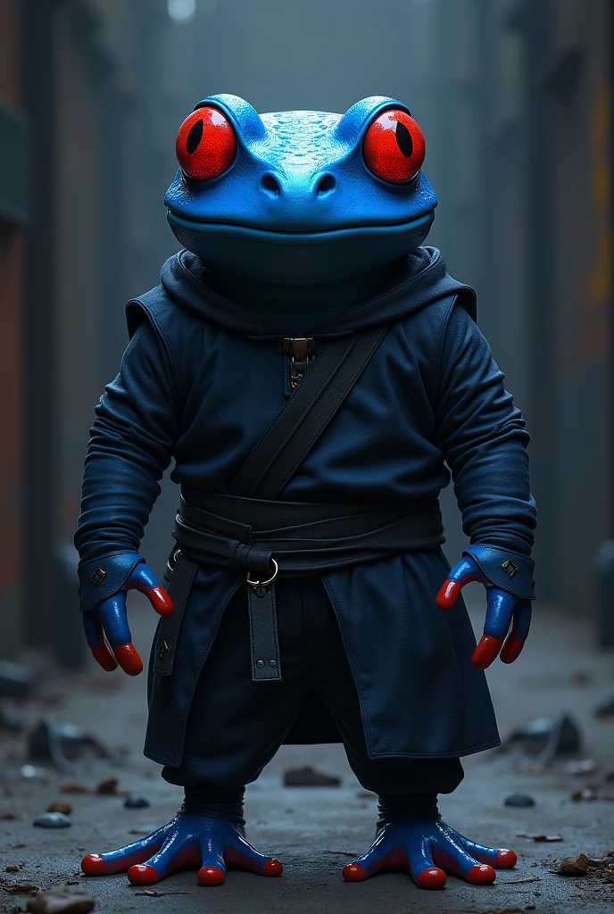 A blue frog with red eyes wearing a ninja suit