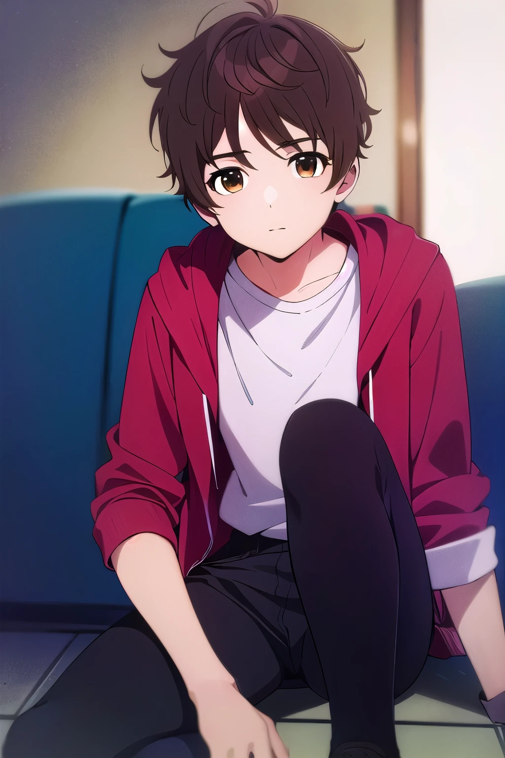 photorealistic, (4k), depth of field, (Masterpiece), (realistic skin texture), extremely detailed, intricate, hyper detailed, high resolution, professional photography, , depth of field, sharp detail, best quality, , 1boy, solo, male focus, shun_tokinoya, brown hair, brown eyes, , bangs, , , Fiesta, HD, Con Auriculares, sudadera roja, cuerpo completo, pantalon negro, tenis converse.