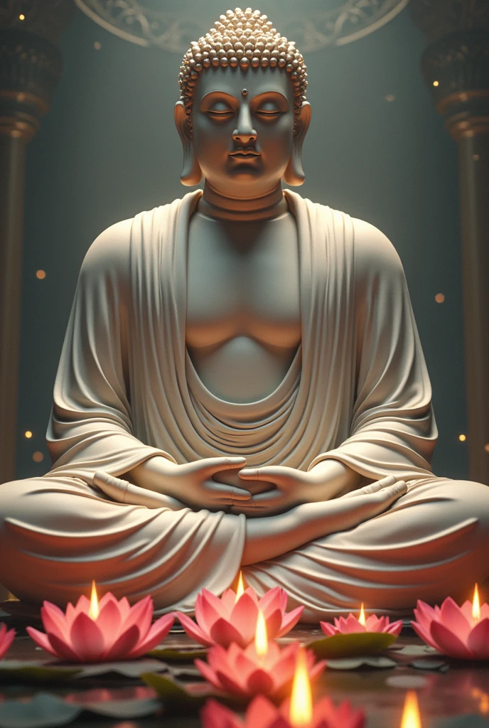 The Buddha is sitting in meditation, his figure is huge, there are lotus candles in front of him, the atmosphere is solemn and pure
