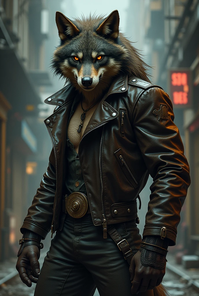 A humanoid wolf wearing a biker style, 70s noir style art, with expressions and an intense look