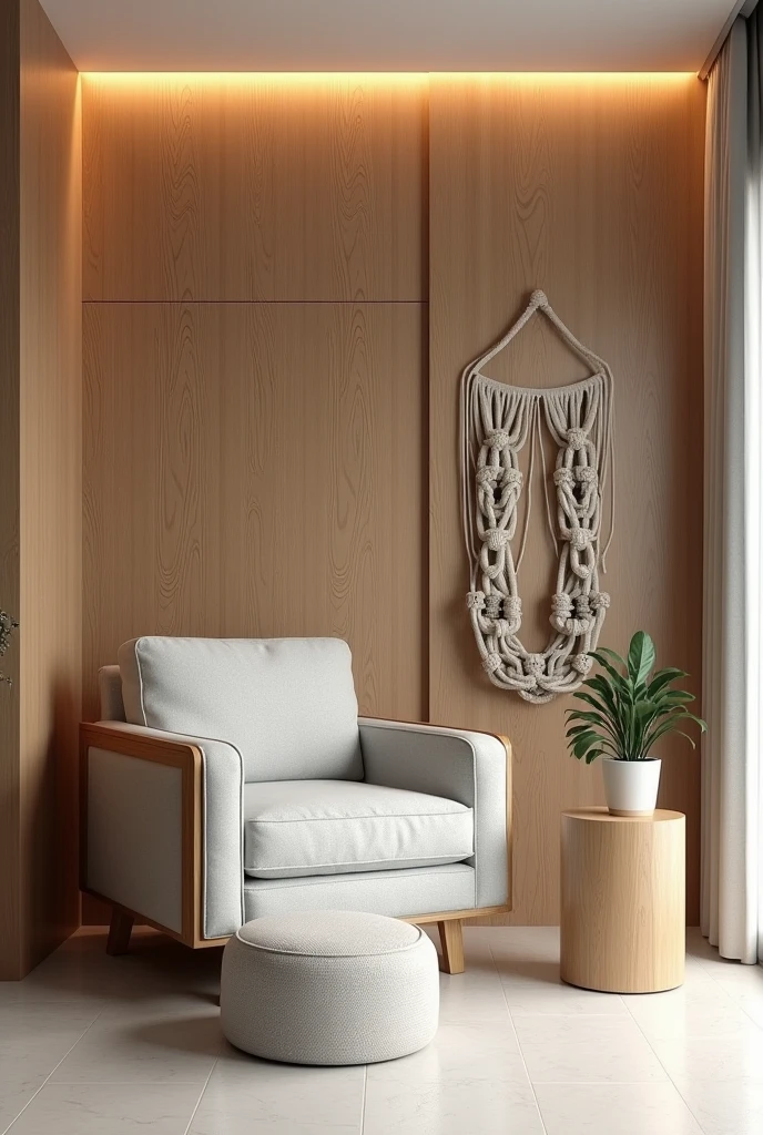 Create an image of a reading corner in a modern living room with wooden elements and cozy design. The space features a comfortable light gray armchair with wooden details on the arms and legs.. In front of the armchair, there is a matching designer pouf, also with wooden details. The background of the image shows a wooden wall with indirect lighting built into the ceiling., criando uma atmosfera quente e acolhedora. Next to the armchair, there is a small wooden side table with a cylindrical shape, on which there is a decorative plant. On the wall next to the armchair, there is an art installation made up of large hanging rope links. The floor is light porcelain, complementing the neutral palette of the room