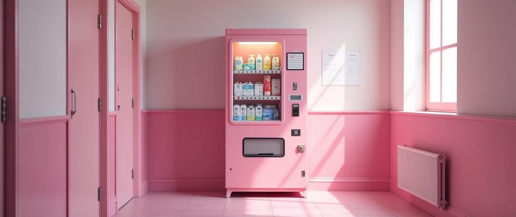 pastel pink vending machine in school bathroom containing period products for girls