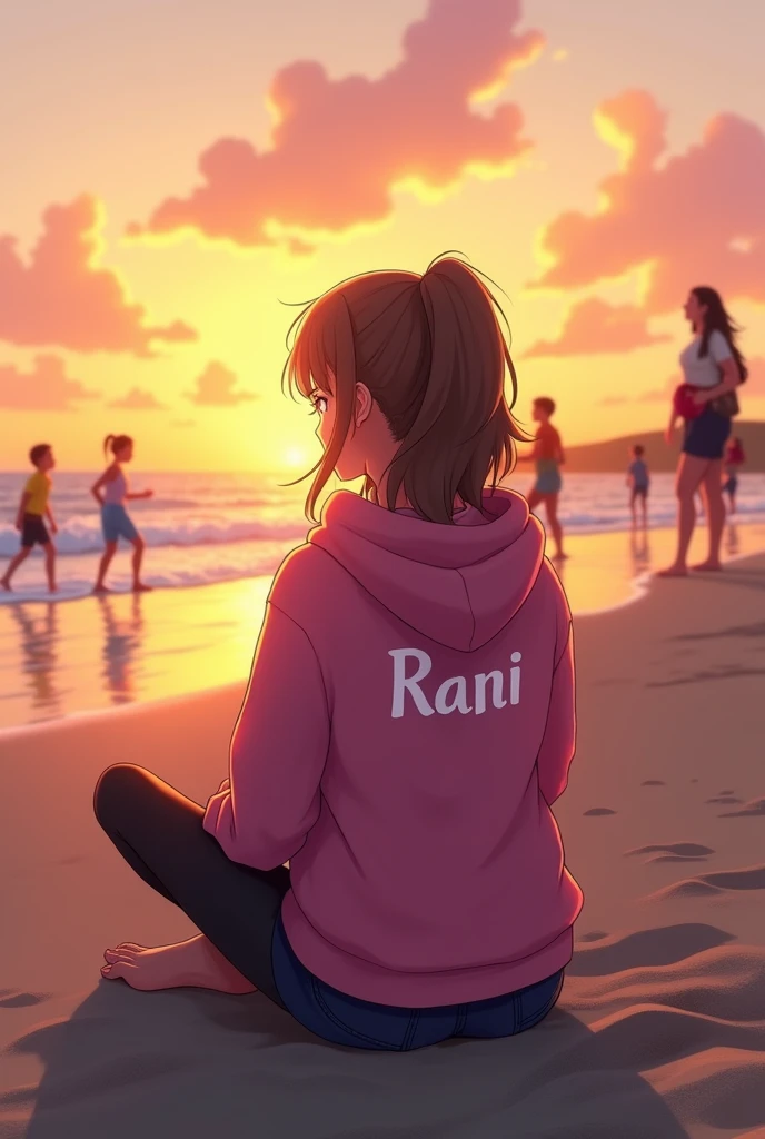 A lady sitting on beach at the time of sunset wearing a pink hoody RANI written on the back side of the shirt. Kids are playing and some people are roaming