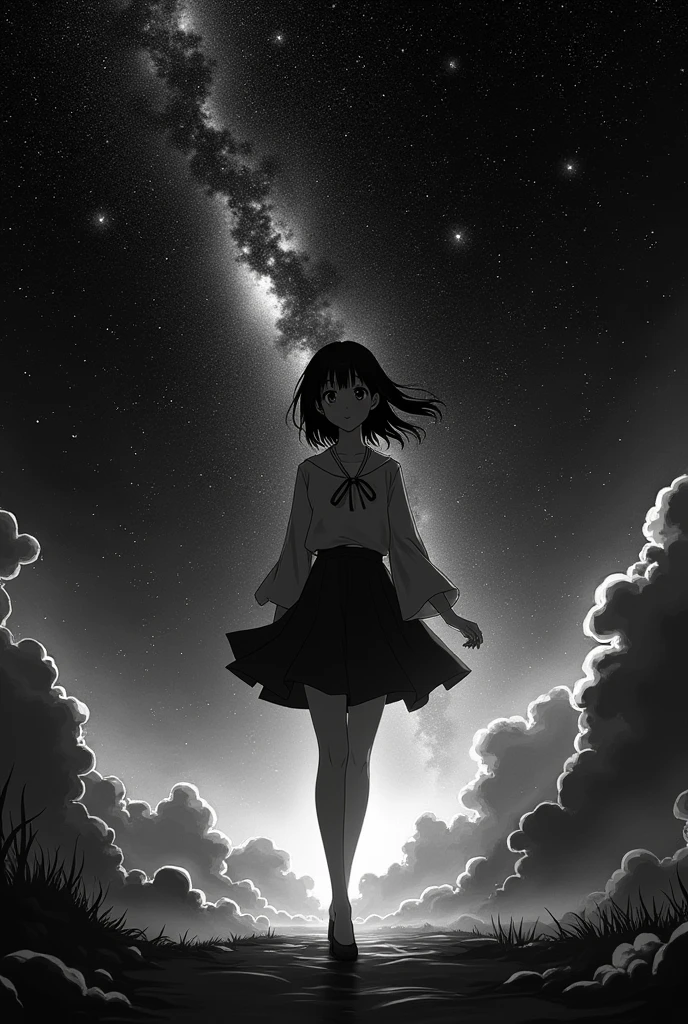 An anime girl with a starscape where the girl is walking in black and white with no people around but a little closer the girl looking straight ahead
