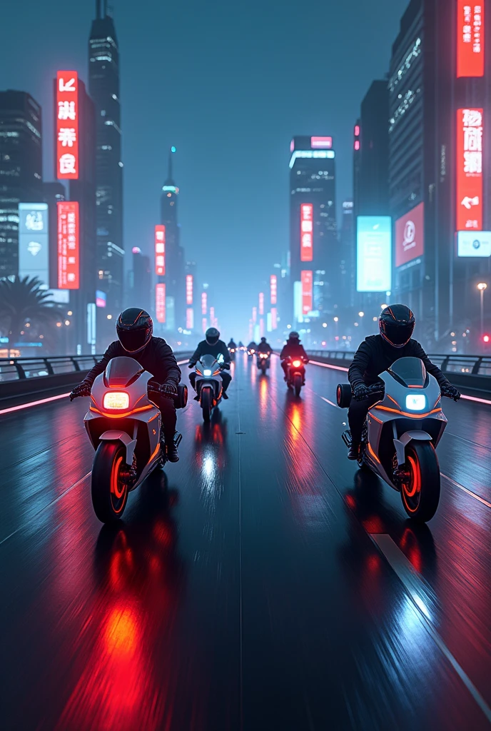 road creates an image that has a meeting of several motorcycles at night on a futuristic road