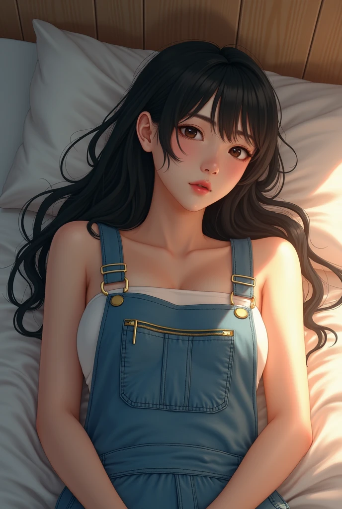 Korean high school student lying on the bed D cup overalls