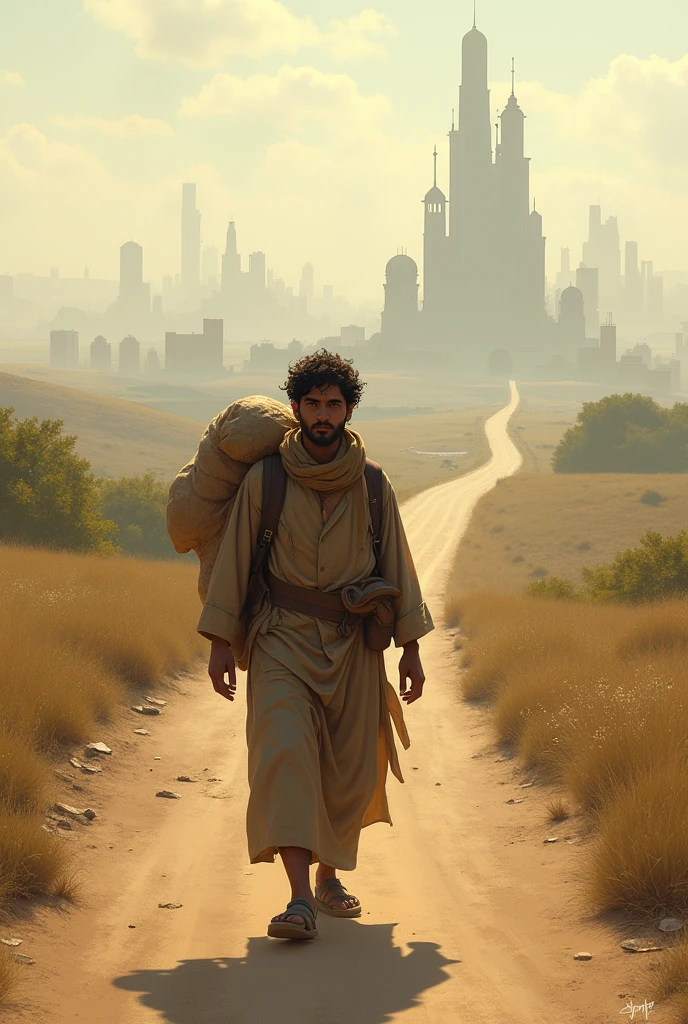 Fiyaaz’s Journey to the City
Fiyaaz walking along a dusty road towards the city, carrying a small sack of belongings over his shoulder. The landscape gradually transitions from rural fields to urban sprawl in the background, with towering buildings on the horizon. His expression is a mix of hope and concern as he ventures into unfamiliar territory.
