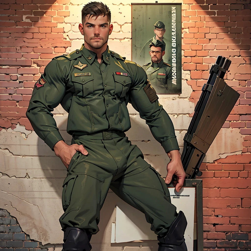 32k, high quality , detailed face , detailed hands , detailed muscles , stephen amell standing and posing as a military man ,standing with spread legs, showing his muscles and bulge , ((background brick wall with lot of army posters ))
