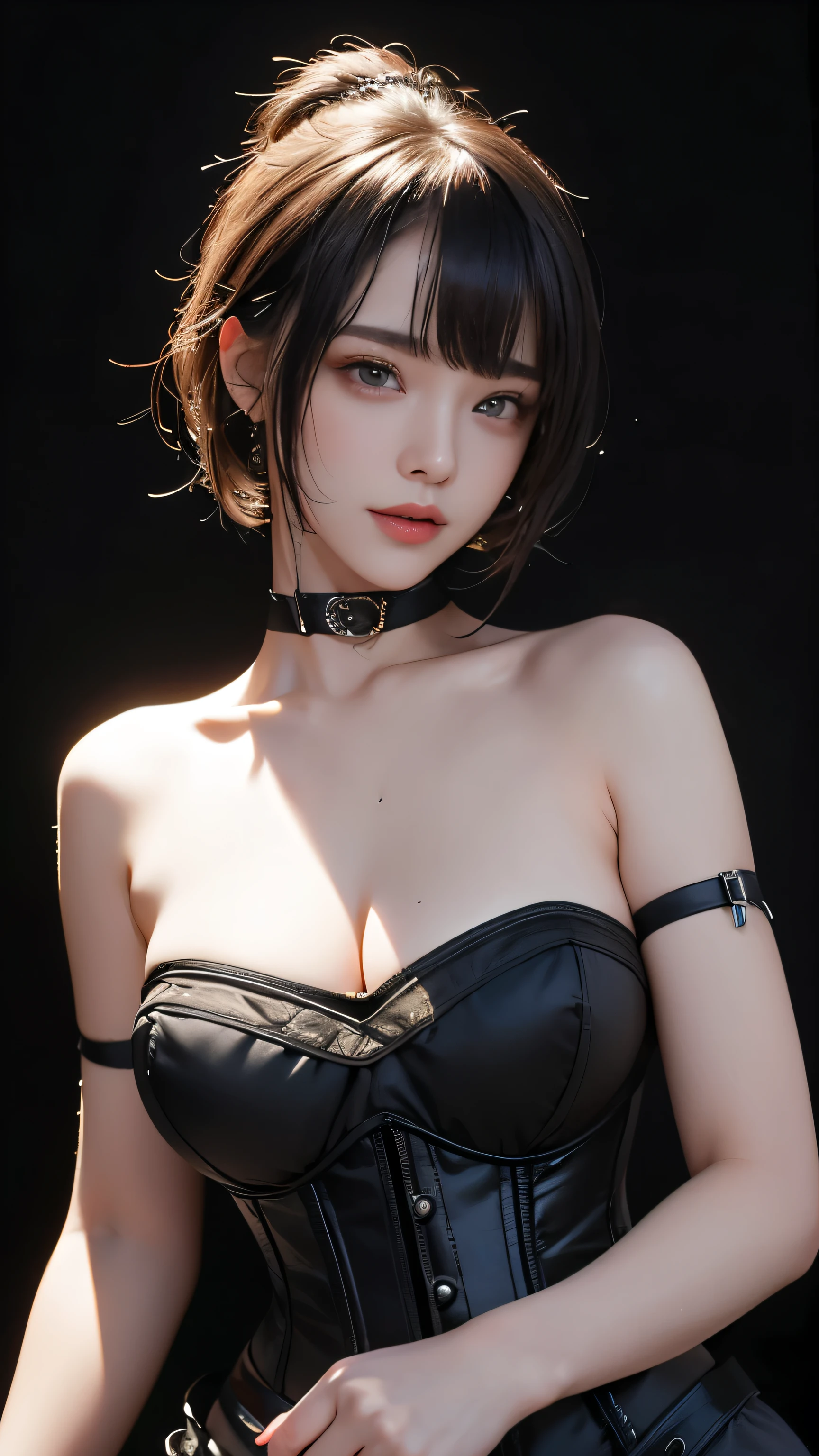 masterpiece, Highest quality, Very detailed, To the camera, Very detailed, Realistic, Sharp features, Very detailed, Sharp focus, Perfect Face, Perfect Face, Perfect symmetry and perfect eyes, Perfect Plump Lips, Flexible female form, cinematic, Film Light, Very detailedな, hyper Realistic, masterpiece, Atmospheric, High resolution, Vibrant, Dynamic Studio Lighting, ((Dark Background)), The facial expression when feeling happy, handcuffs, BDSM, slave, Rubber, Red Corset, Red collar, Browsing Caution, ((Highest quality, 8k, masterpiece: 1.3)), Sharp focus: 1.2, Beautiful woman with perfect figure: 1.4, Slim abs: 1.2, Wet body: 1.5, Very detailed face and skin texture, Detailed eyes, double eyelid, Very short hair