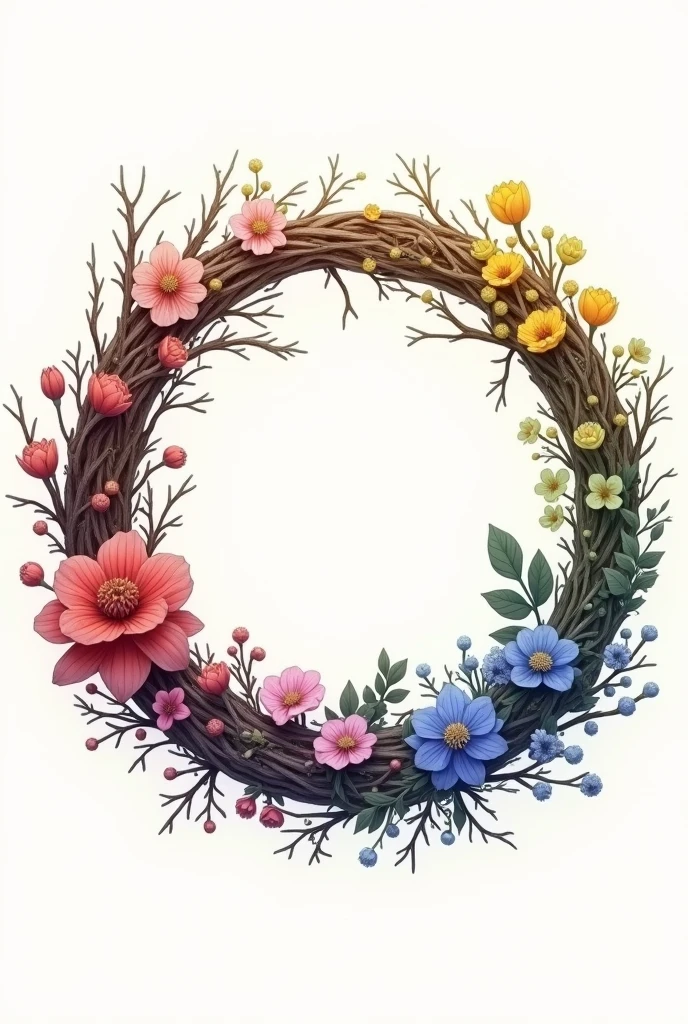 Line Art, {Simple style:1.5}, Ring composition, {The focus of the composition is on the outside of the ring:1.4}, {There is a large blank space in the middle of the ring:1.4}, The Four Seasons of Heaven, spring, summer, autumn, winter。wreath&four seasons, Withering, Decay&newborn, Four-season wreath, A ring, A circle made of fresh flowers and dead branches, The circle embodies the cycle of seasons, with their changes and withering, UHD, masterpiece, textured skin, best quality, super detail, high details, high quality
