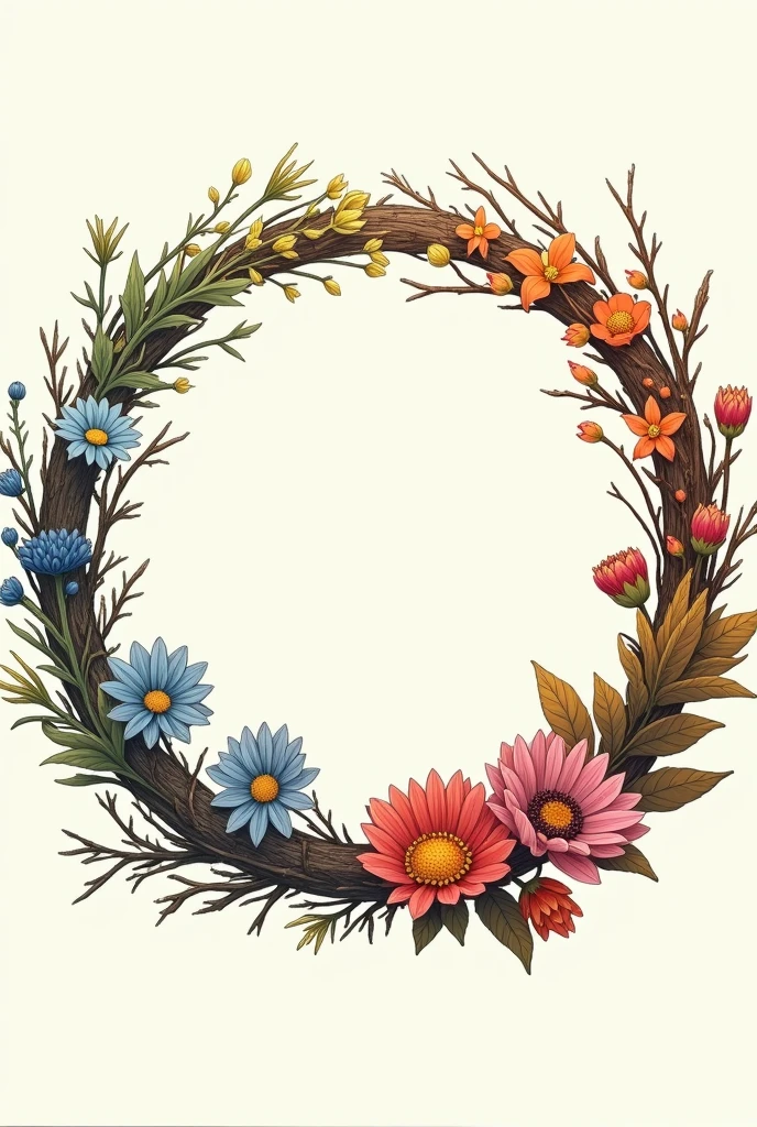 Line Art, {Simple style:1.5}, Ring composition, {The focus of the composition is on the outside of the ring:1.4}, {There is a large blank space in the middle of the ring:1.4}, The Four Seasons of Heaven, spring, summer, autumn, winter。wreath&four seasons, Withering, Decay&newborn, Four-season wreath, A ring, A circle made of fresh flowers and dead branches, The circle embodies the cycle of seasons, with their changes and withering, UHD, masterpiece, textured skin, best quality, super detail, high details, high quality