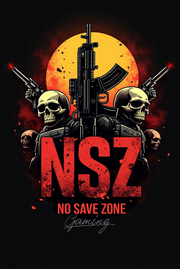 Create a pubgm logo that has the name NSZ no save zone gaming  it must a weapon and skulls 
in the background like the move expendables it must have the name NSZ no save zone gaming with red ,yellow , black in the background 