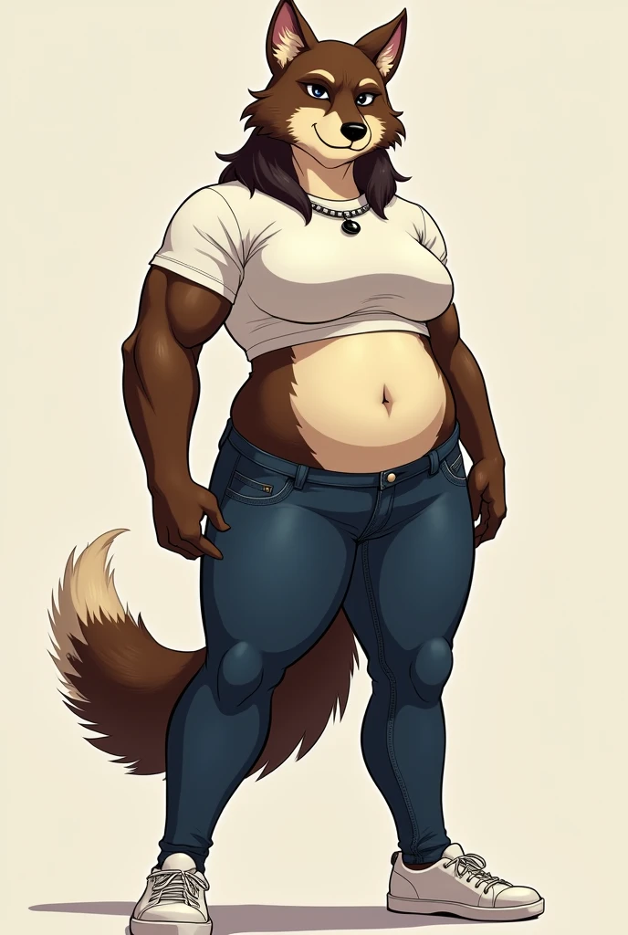 Generates a female Furry of the canine species *Dalia Inukai*. Body: Defined, Athletic, Stocky, Curvilinear, Developed. Physical characteristics: 2.15m tall, dark brown fur on top and a light brown shade on the bottom, with a zigzag pattern on her body, brown hair that reaches her shoulders, deep brown eyes, thin snout, refined body with a marked waist and wide, defined hips, defined abdomen, muscular arms, developed bust and buttocks. Equipment (or clothing): Pale white short-sleeved T-shirt + Navy blue denim pants + Comfortable white shoes + Black Punk Rock necklace. Manhwa Oil type drawing style.
