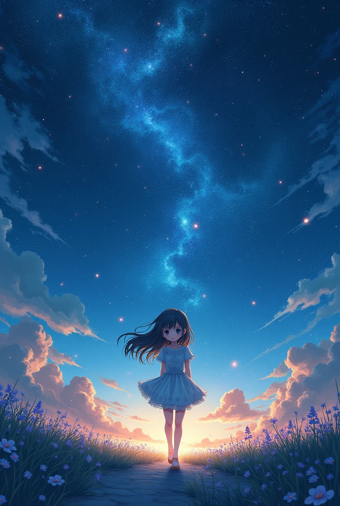 An anime girl with a starscape where the girl is walking without people around but a little closer the girl is looking straight ahead