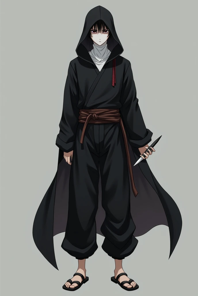 A 1 man in black pants, sandals, a black blouse with long sleeves, a hood that covers your hair completely and a white mask that hides your mouth and nose, your skin is white and leaves your eyes showing, His eyes are black in color, he is standing with his left arm behind his back and his right arm is holding a shuriken, he has a brown belt around his waist, anime styling!